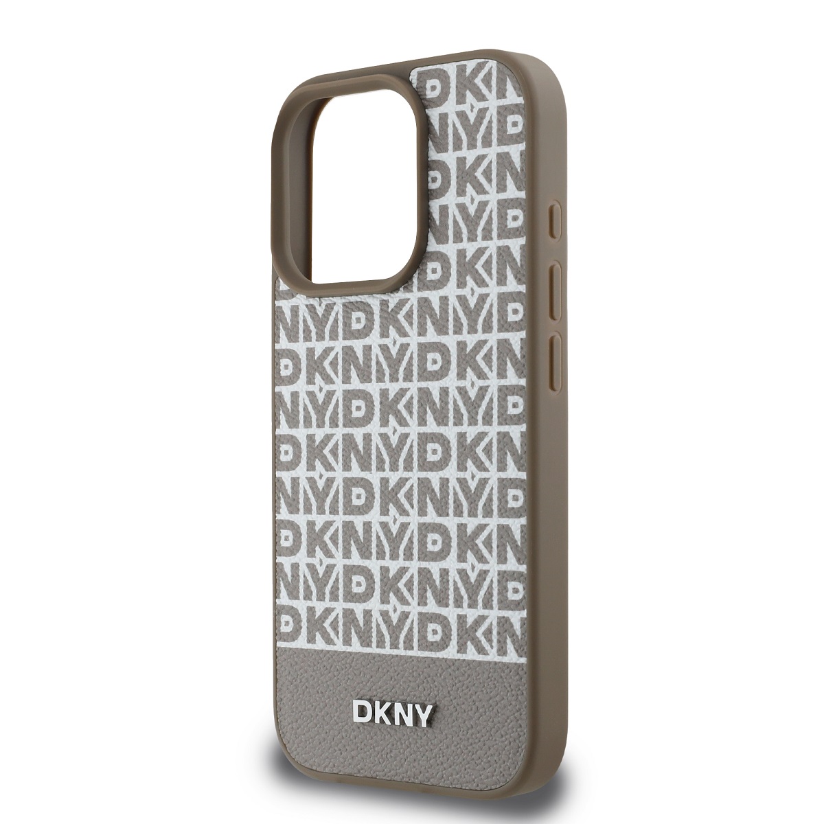 DKNY PU Leather Repeat Pattern Bottom Stripe MagSafe Zadní Kryt pro iPhone 16 Pro Brown