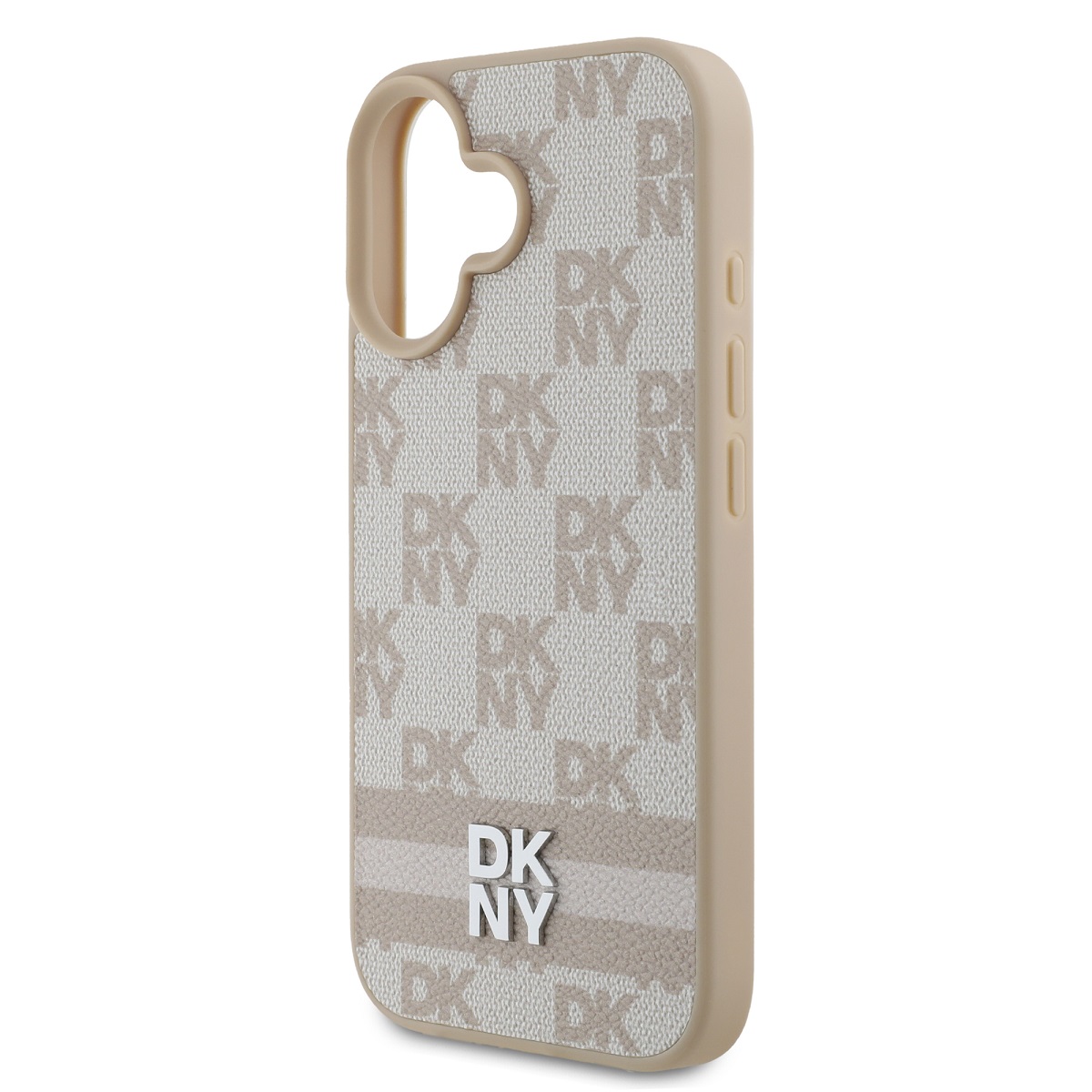 DKNY PU Leather Checkered Pattern and Stripe Zadní Kryt pro iPhone 16 Pink