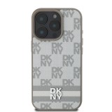 DKNY PU Leather Checkered Pattern and Stripe Zadní Kryt pro iPhone 16 Pro Beige