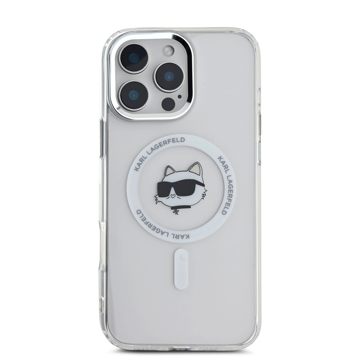 Karl Lagerfeld IML Choupette Head Metal Frame MagSafe Zadní Kryt pro iPhone 16 Pro Max Transparent