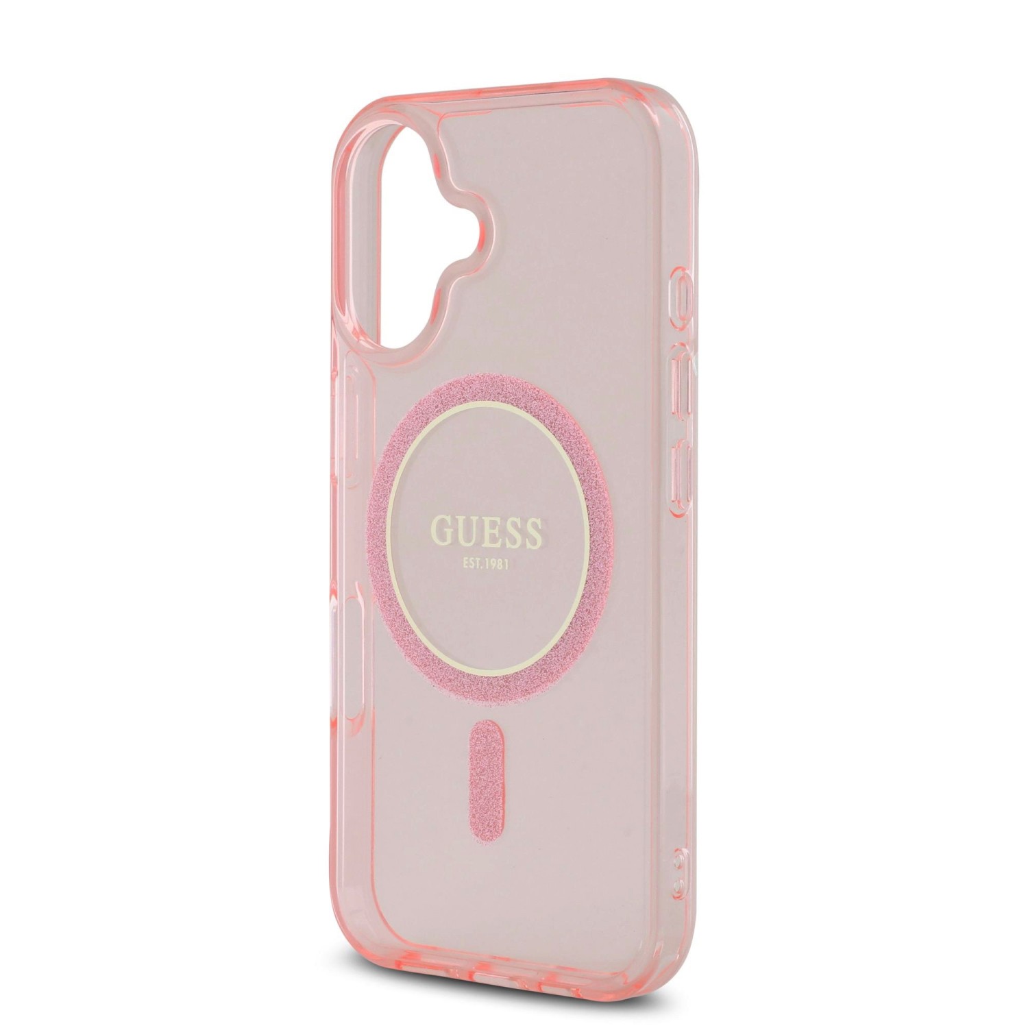 Guess IML Glitter Ring MagSafe Zadní Kryt pro iPhone 16 Pink