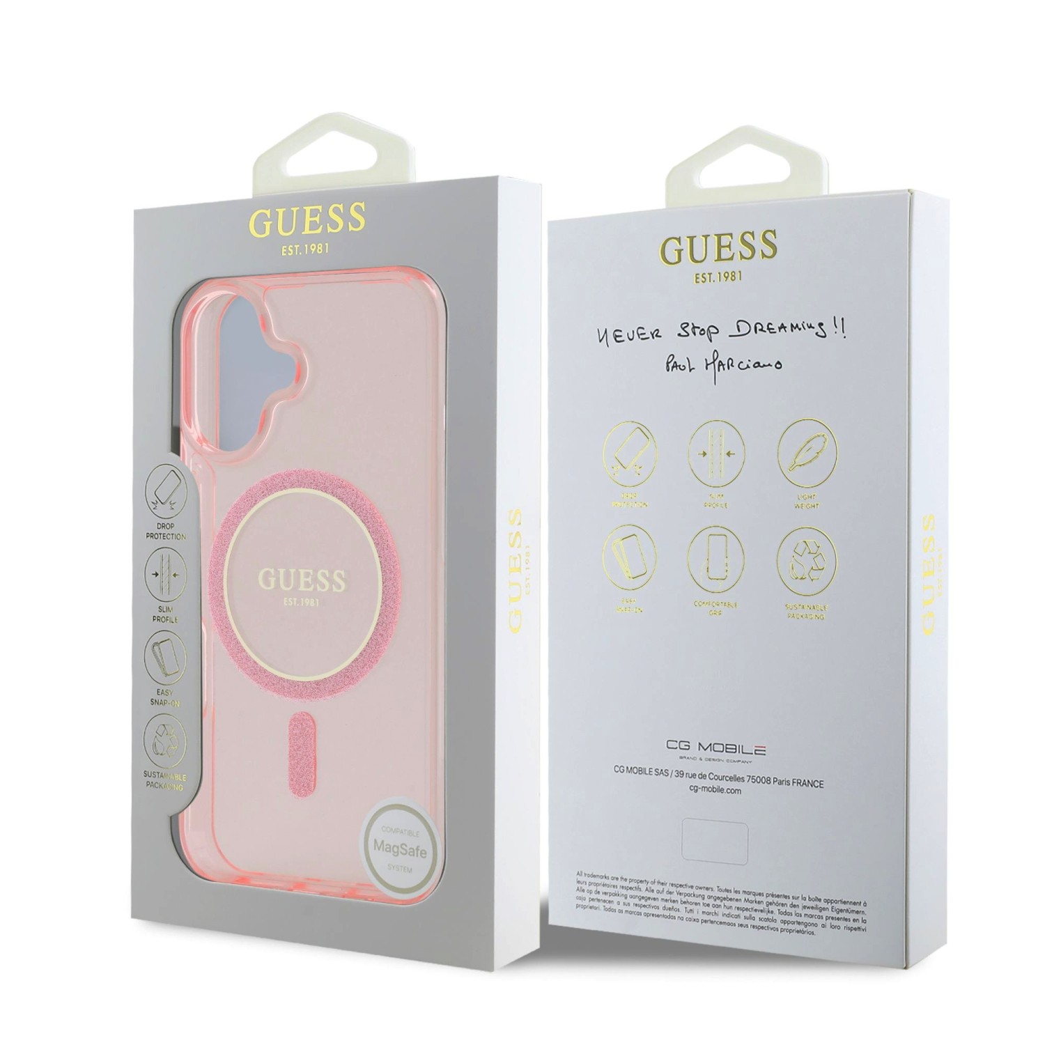 Guess IML Glitter Ring MagSafe Zadní Kryt pro iPhone 16 Pink