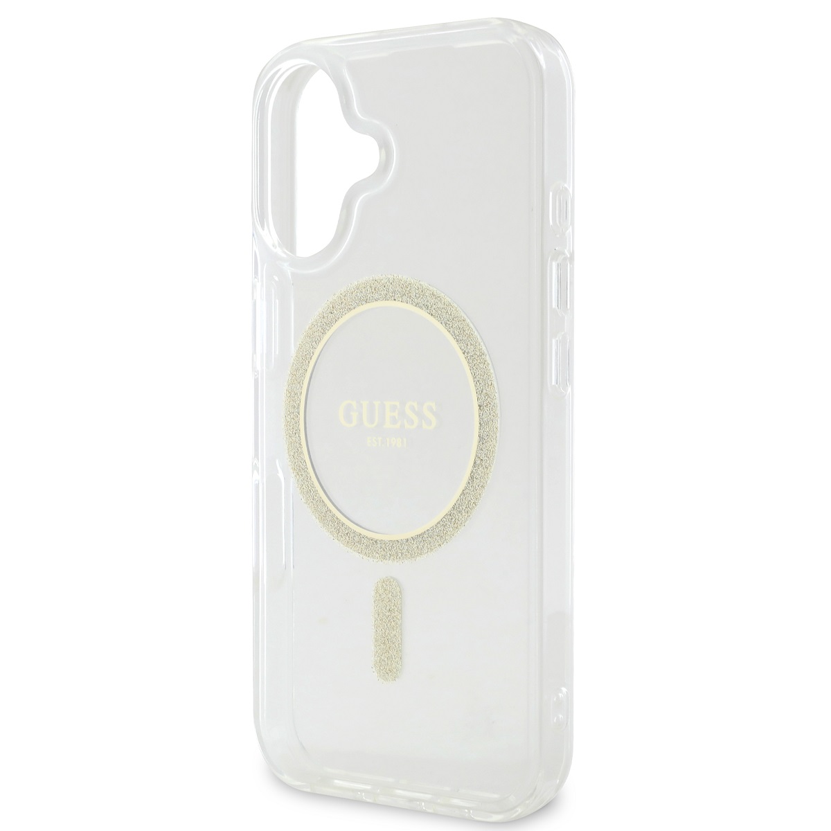 Guess IML Glitter Ring MagSafe Zadní Kryt pro iPhone 16 Plus Transparent