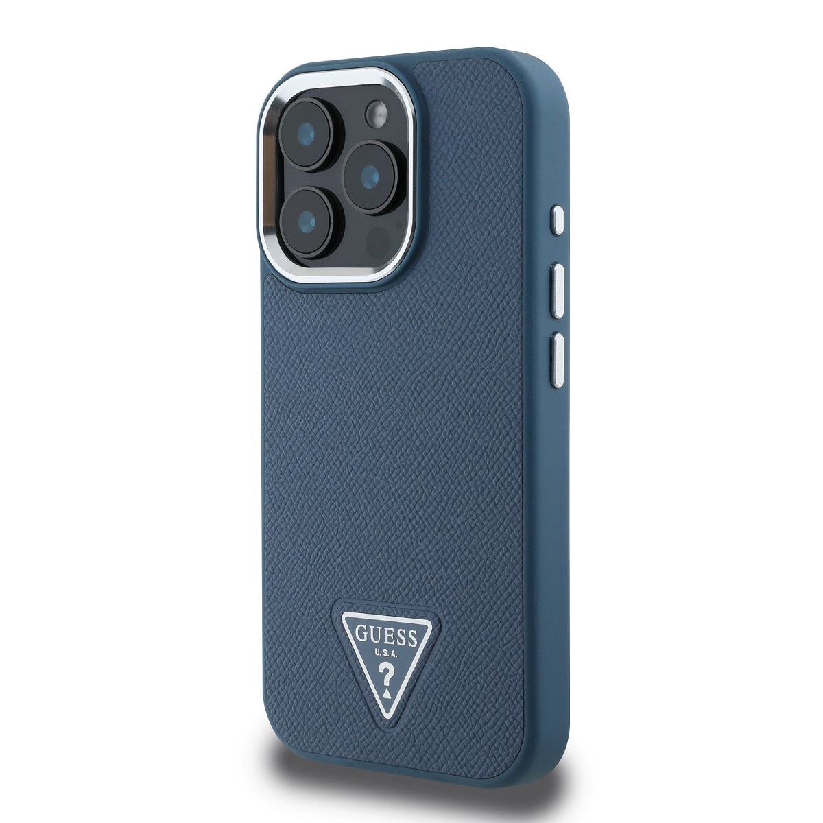 Guess PU Grained Triangle Logo Zadní Kryt pro iPhone 16 Pro Max Blue