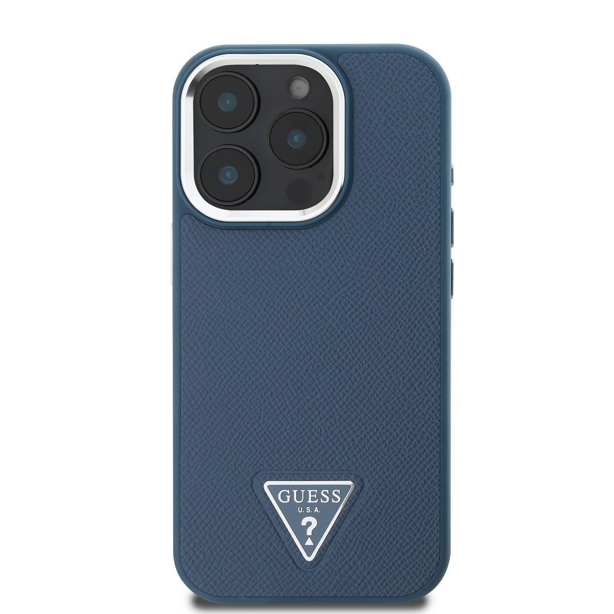 Guess PU Grained Triangle Logo Zadní Kryt pro iPhone 16 Pro Blue