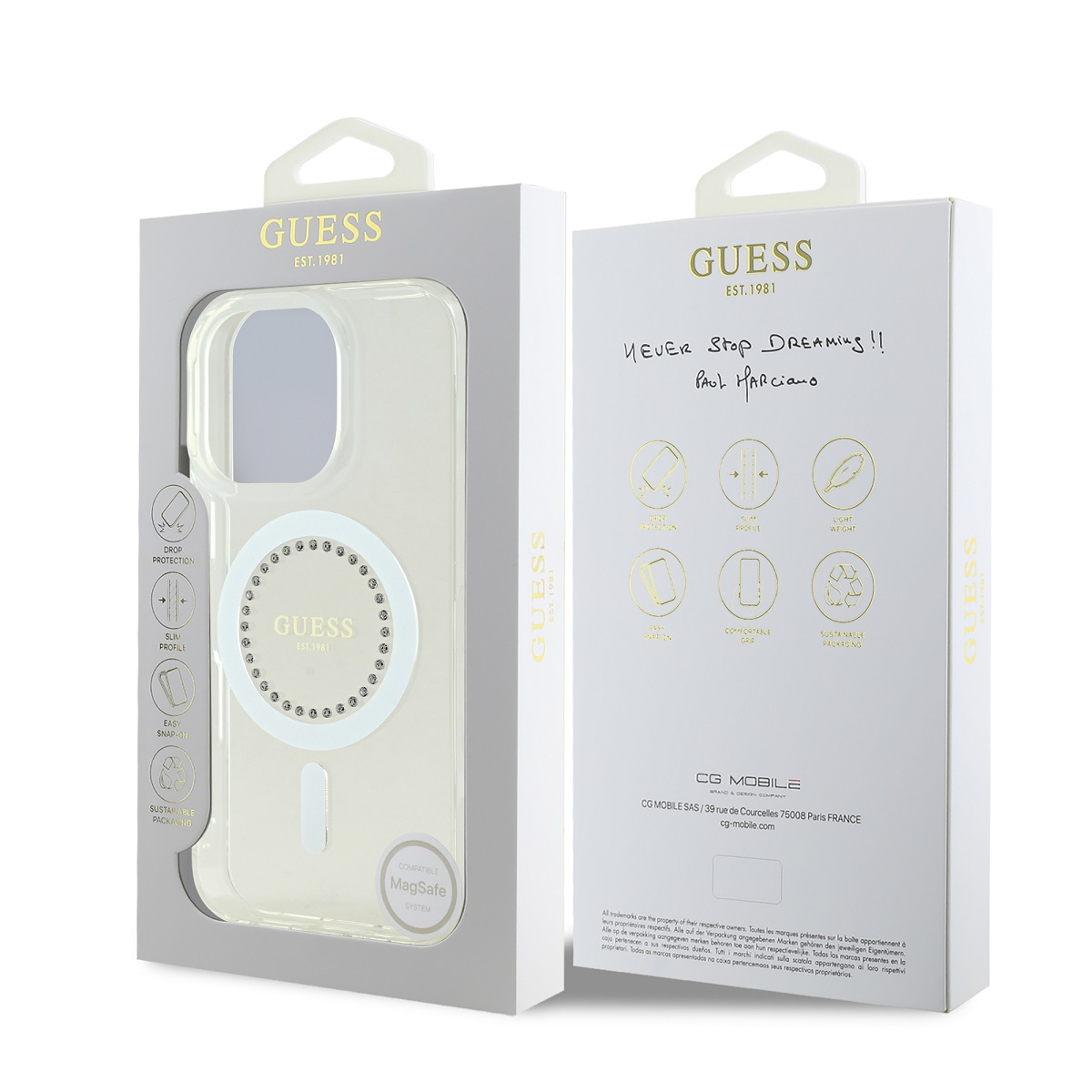 Guess IML Rhinestones Ring MagSafe Zadní Kryt pro iPhone 16 Pro Max White 