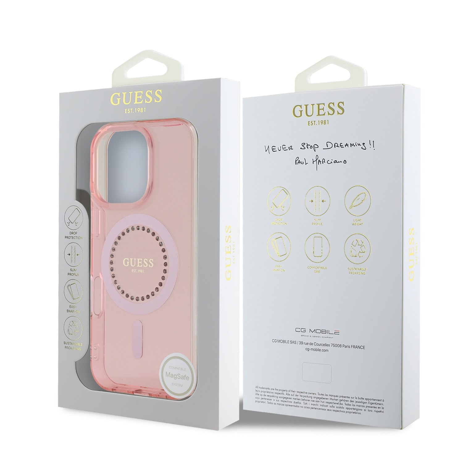 Guess IML Rhinestones Ring MagSafe Zadní Kryt pro iPhone 16 Pro Max Pink