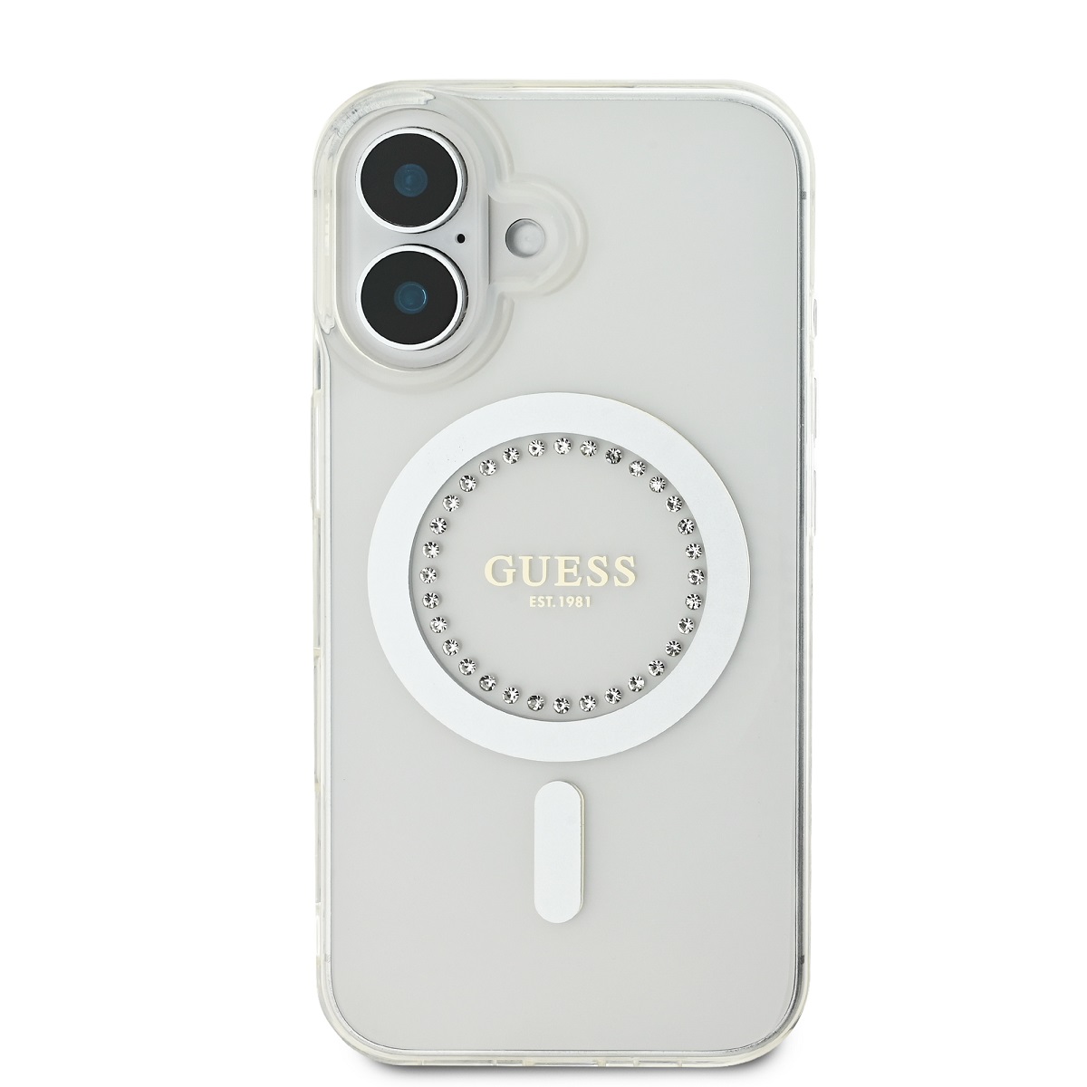 Guess IML Rhinestones Ring MagSafe Zadní Kryt pro iPhone 16 White 