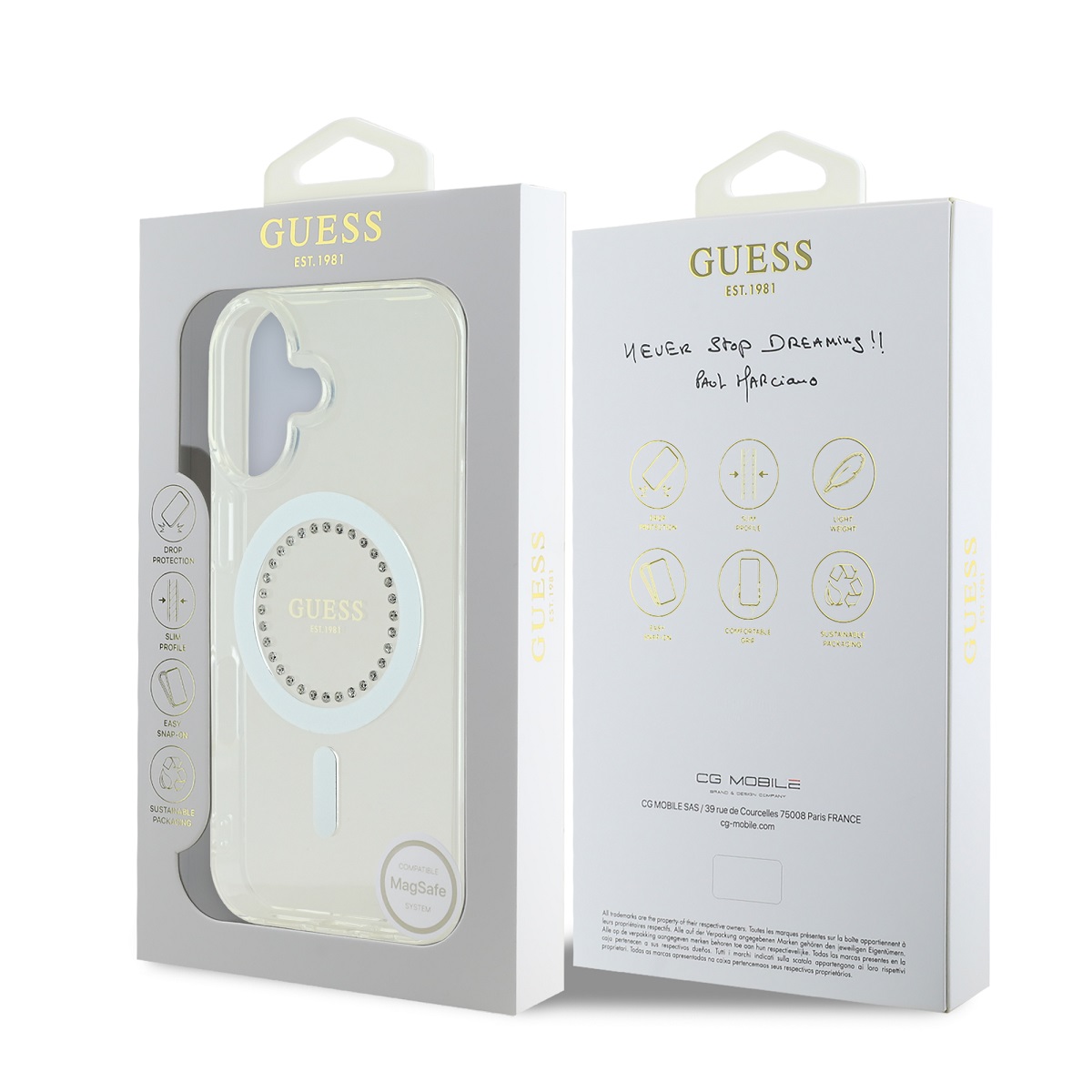 Guess IML Rhinestones Ring MagSafe Zadní Kryt pro iPhone 16 White 