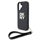 DKNY PU Leather Stack Logo Wrist Strap Zadní Kryt pro iPhone 16 Black