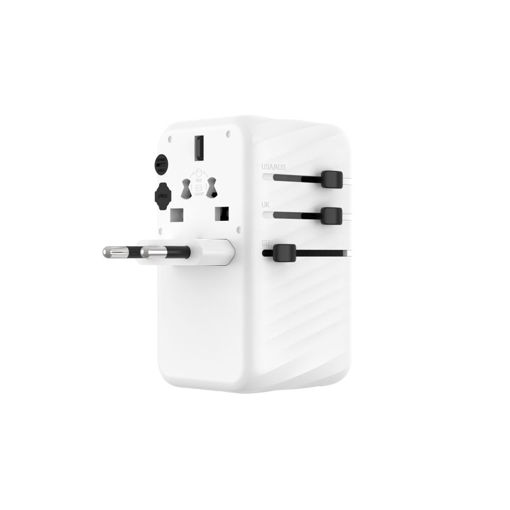 Cestovní adaptér FIXED Voyager 120W pro EU, UK a USA/AUS, s 3xUSB-C a 1xUSB výstupem, GaN, PD 120W, bílá