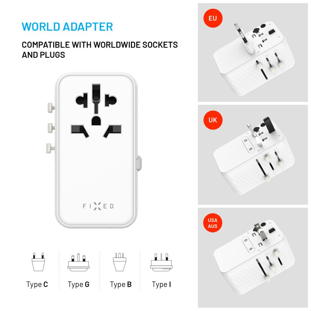 Cestovní adaptér FIXED Voyager 120W pro EU, UK a USA/AUS, s 3xUSB-C a 1xUSB výstupem, GaN, PD 120W, bílý