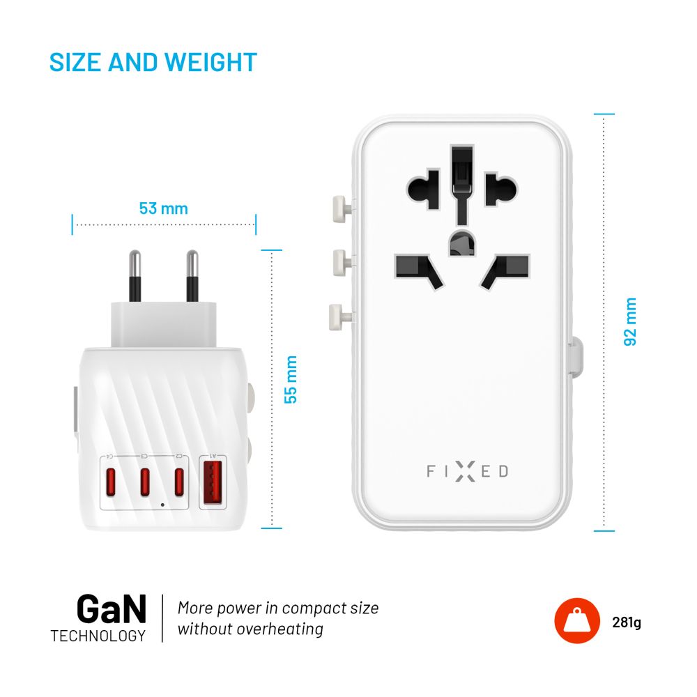 Cestovní adaptér FIXED Voyager 120W pro EU, UK a USA/AUS, s 3xUSB-C a 1xUSB výstupem, GaN, PD 120W, bílý