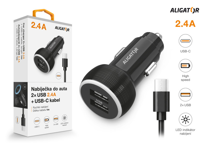 Nabíječka do auta Aligator s USB-C kabelem a 2xUSB výstupem 2.4A, černá