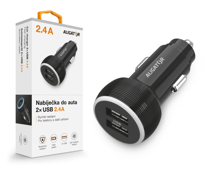 Nabíječka do auta Aligator, 2xUSB 2,4A, originální černá