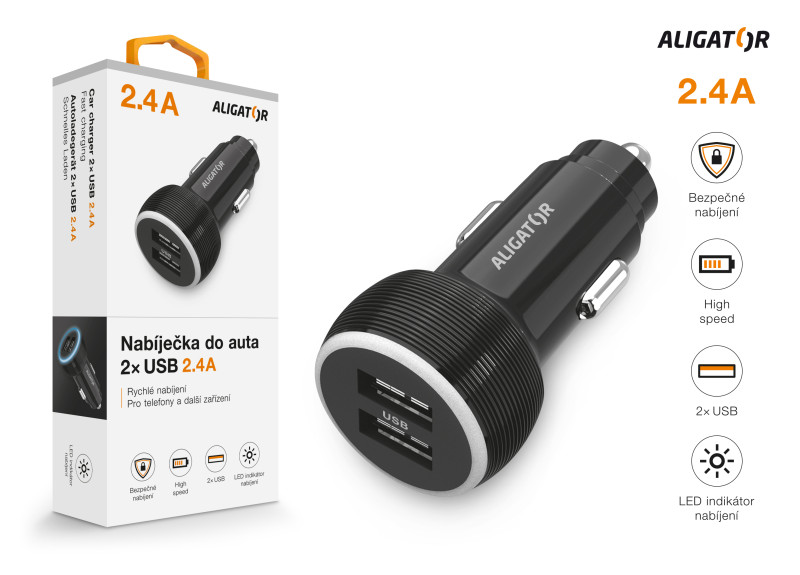 Nabíječka do auta Aligator, 2xUSB 2,4A, originální černá