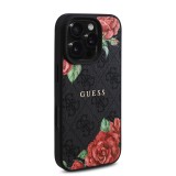 Guess PU Leather 4G Roses MagSafe Zadní Kryt pro iPhone 16 Pro Max Black