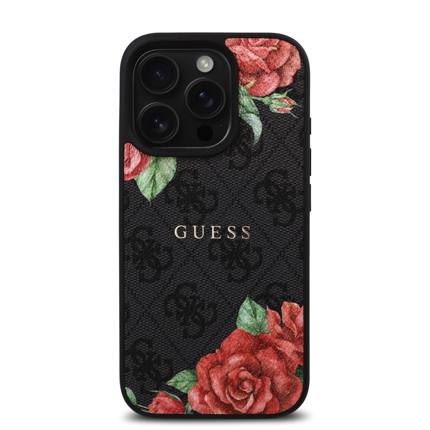 Guess PU Leather 4G Roses MagSafe Zadní Kryt pro iPhone 16 Pro Black