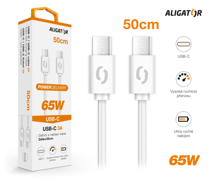 Datový kabel ALIGATOR POWER 65W, USB-C/USB-C 3A, 0,5m bílý