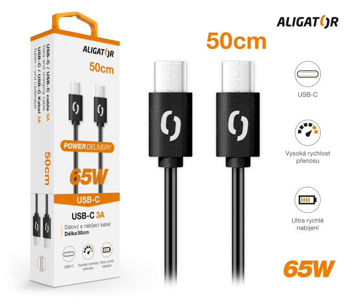 Datový kabel ALIGATOR POWER 65W, USB-C/USB-C 3A, 0,5m černý