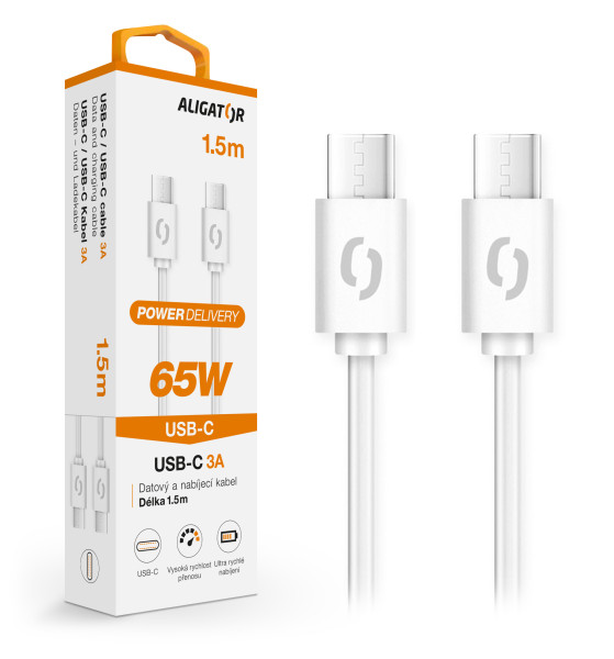 Datový kabel ALIGATOR POWER 65W, USB-C/USB-C 3A 1,5m, bílý