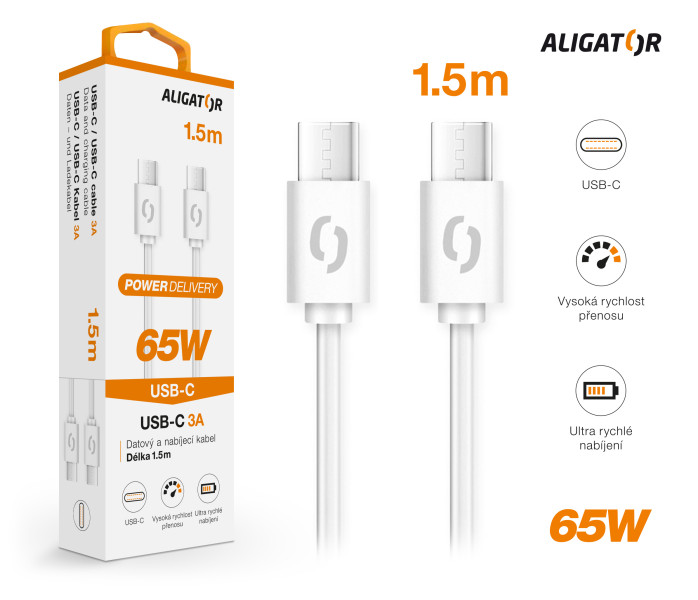 Datový kabel ALIGATOR POWER 65W, USB-C/USB-C 3A 1,5m, bílý