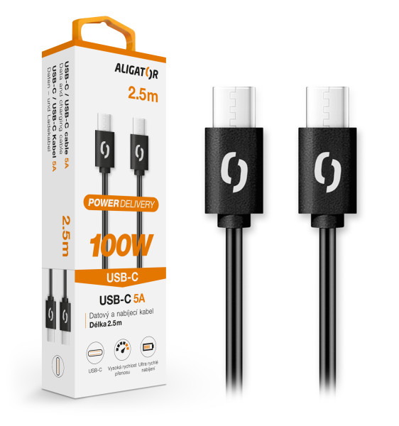 Datový kabel ALIGATOR POWER 100W, USB-C/USB-C 5A, 2,5m černý