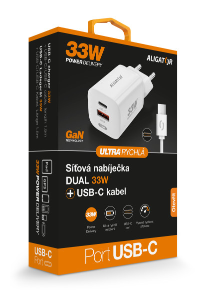 Rychlá nabíječka ALIGATOR GaN, PD 33W, USB-C/USB-C kabel, bílá