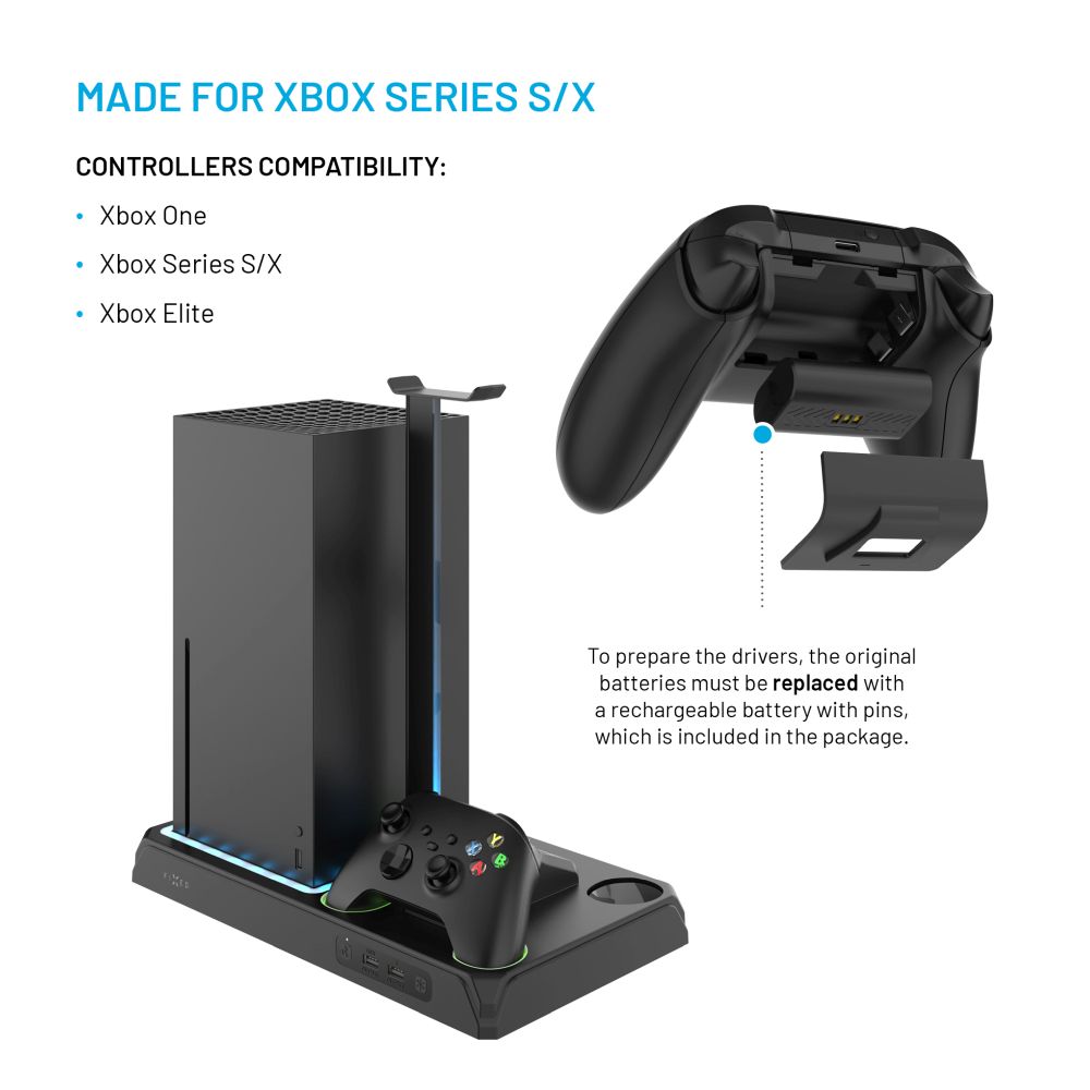 Multifunkční stanice FIXED pro Xbox Series X a S s chlazením a nabíjením pro dva ovladače, černá