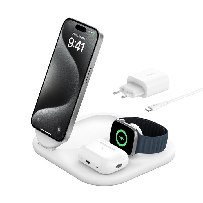 Skládací dobíjecí stojan Belkin Boost Charge Qi2 5w Magnetic 3in1, bílá