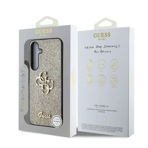 Guess PU Fixed Glitter 4G Metal Logo Zadní Kryt pro Samsung Galaxy S25+ Gold