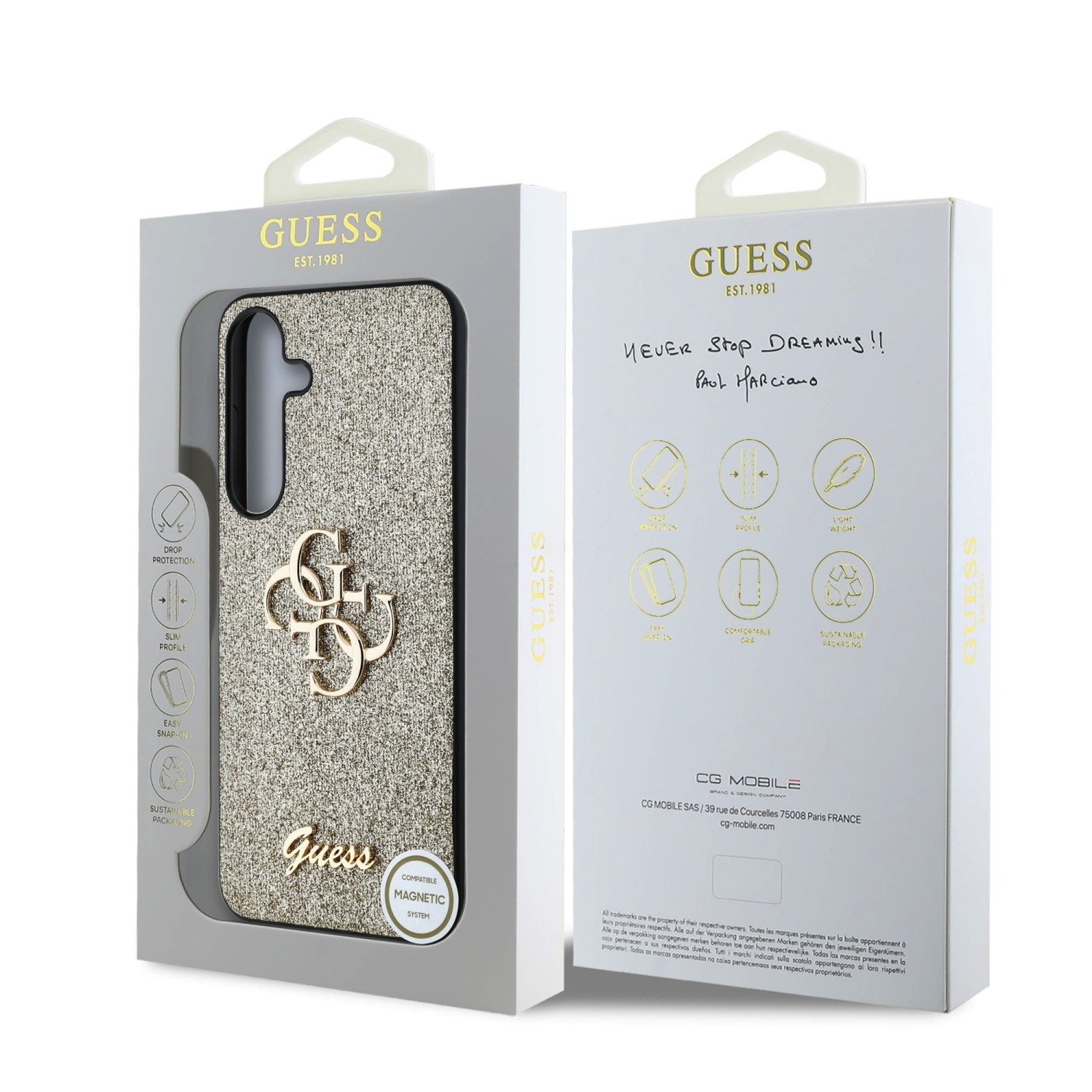 Guess PU Fixed Glitter 4G Metal Logo Zadní Kryt pro Samsung Galaxy S25 Gold