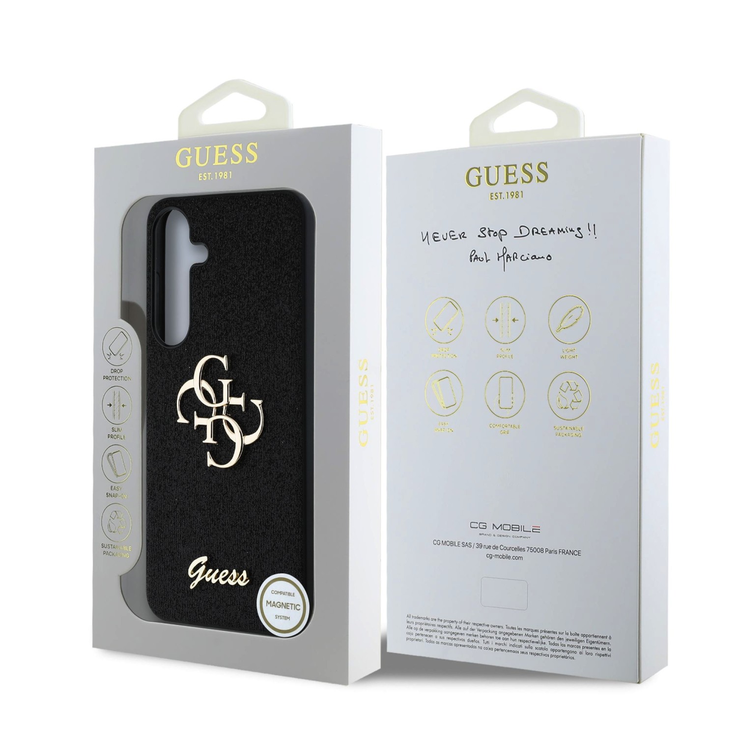 Guess PU Fixed Glitter 4G Metal Logo Zadní Kryt pro Samsung Galaxy S25+ Black