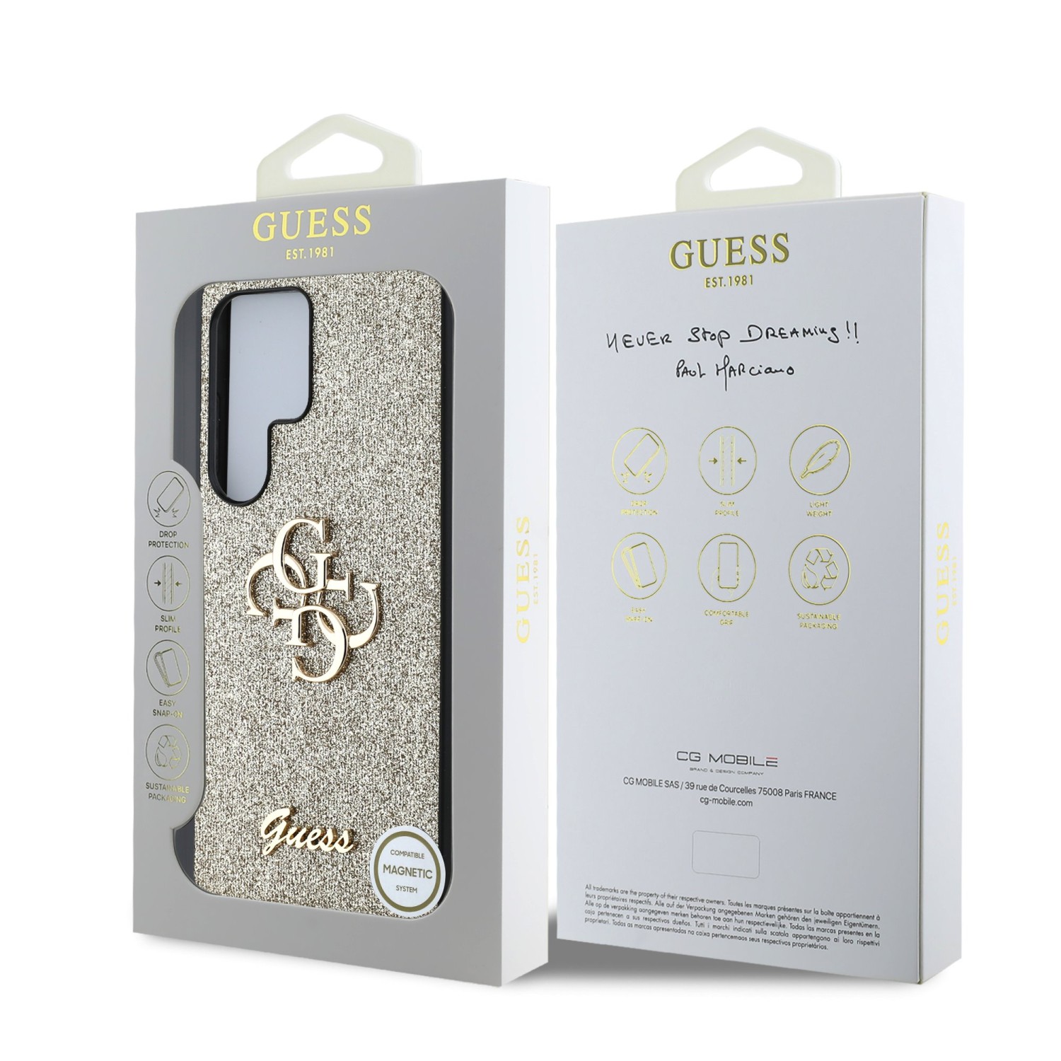 Guess PU Fixed Glitter 4G Metal Logo Zadní Kryt pro Samsung Galaxy S25 Ultra Gold