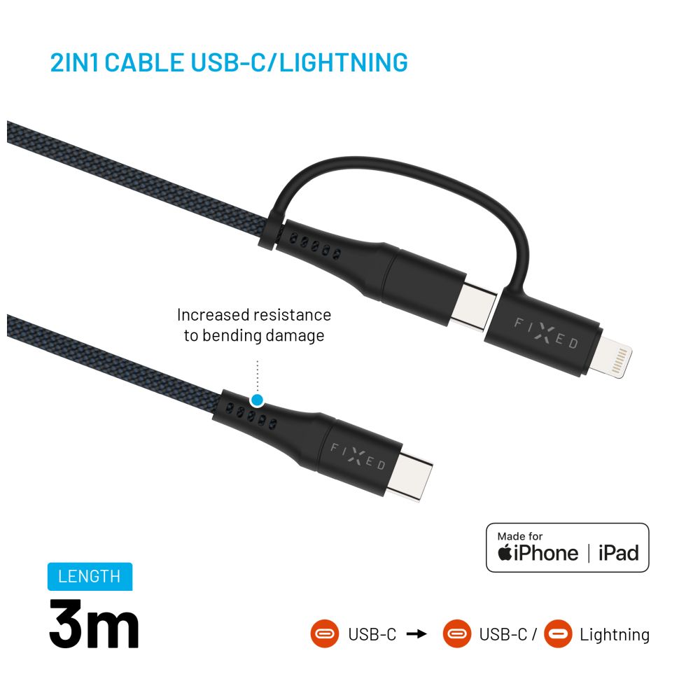 Dlouhý nabíjecí a datový opletený kabel FIXED, USB-C/USB-C a Lightning adaptér, PD, 3m, MFi, PD 60W, šedá