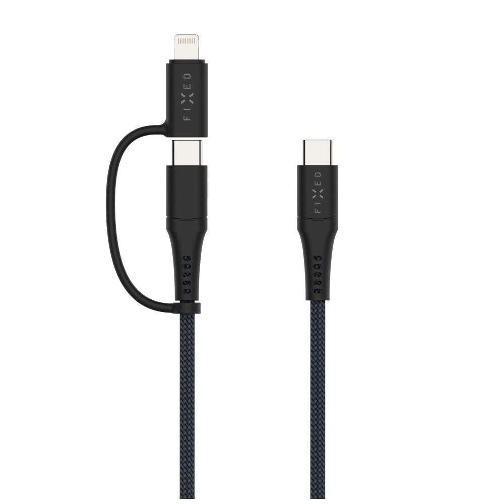 Dlouhý nabíjecí a datový opletený kabel FIXED, USB-C/USB-C a Lightning adaptér, PD, 3m, MFi, PD 60W, šedá