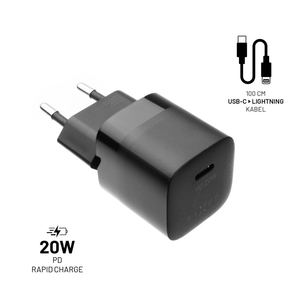 Nabíječka do sítě FIXED PD Rapid Charge Mini s USB-C výstupem a USB-C/Lightning kabelem podpora PD 1 metr MFI 20W čern