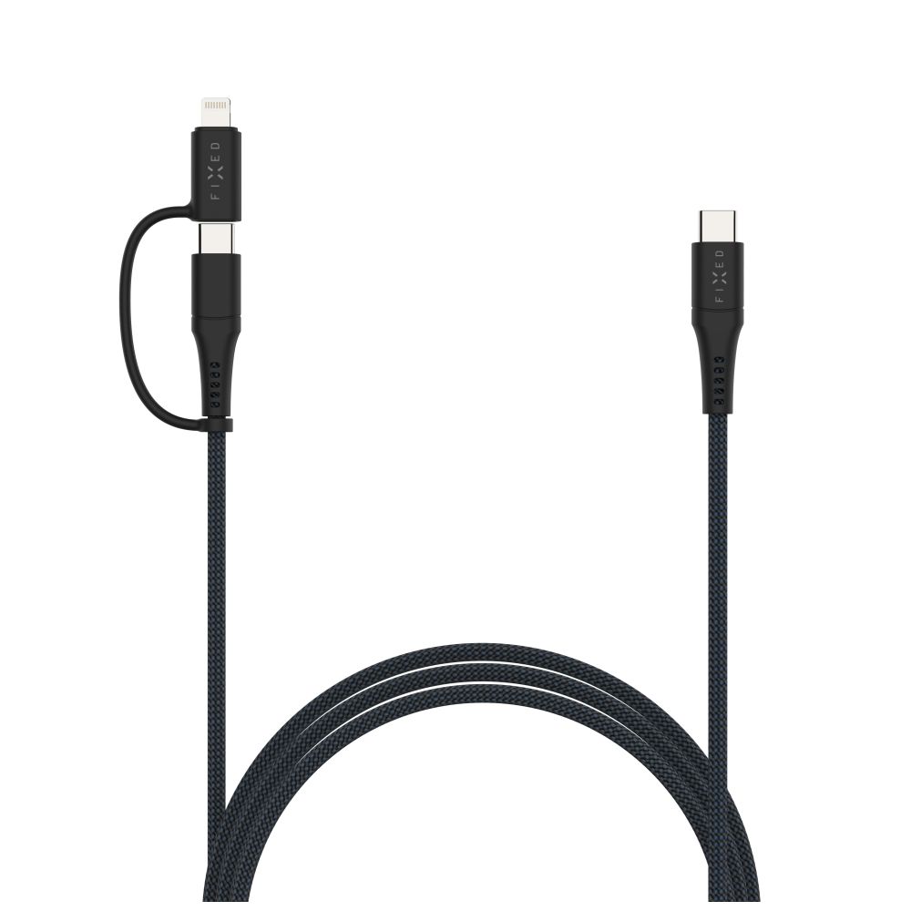 Dlouhý nabíjecí a datový opletený kabel FIXED, USB-C/USB-C a Lightning adaptér, PD, 2m, MFi, PD 60W, šedá