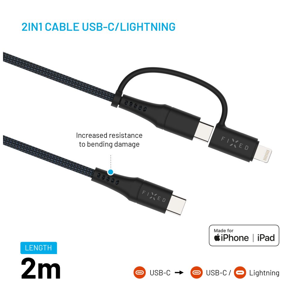 Dlouhý nabíjecí a datový opletený kabel FIXED, USB-C/USB-C a Lightning adaptér, PD, 2m, MFi, PD 60W, šedá