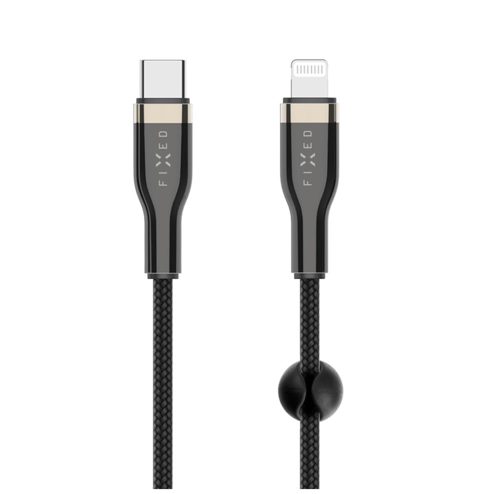 Krátký nabíjecí a datový opletený kabel FIXED, USB-C/Lightning, podpora PD, 0.5m, MFI, černá