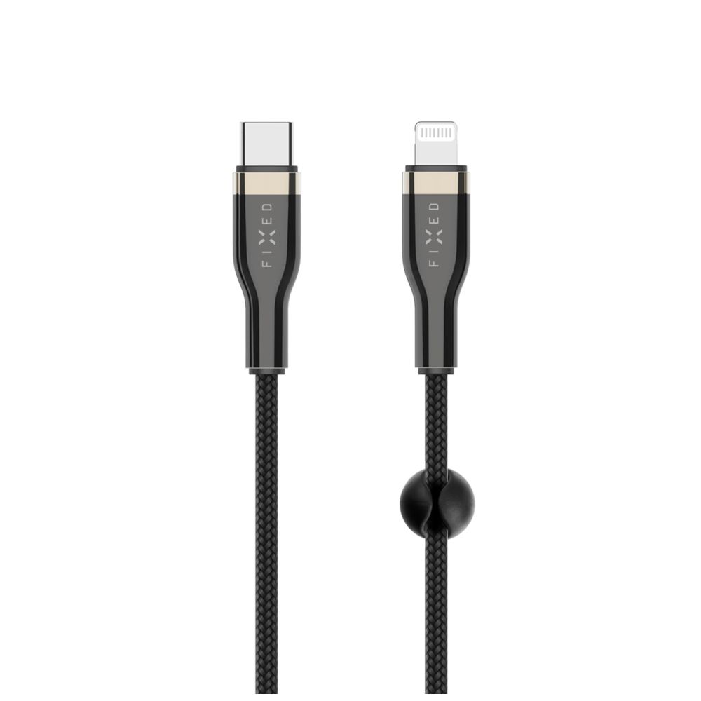 Krátký nabíjecí a datový opletený kabel FIXED, USB-C/Lightning, podpora PD, 0.5m, MFI, černá