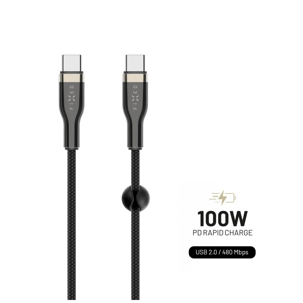 Krátký nabíjecí a datový opletený kabel FIXED, USB-C/USB-C, podpora PD, 0.5m, USB 2.0, 100W, černá