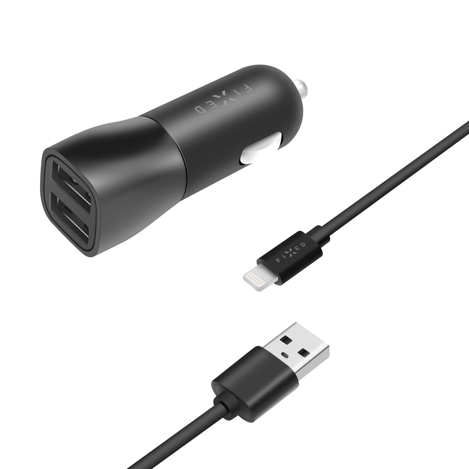 Nabíječka do auta FIXED s 2xUSB výstupem a USB/Lightning kabelu 1 metr MFI certifikace 15W Smart Rapid Charge černá