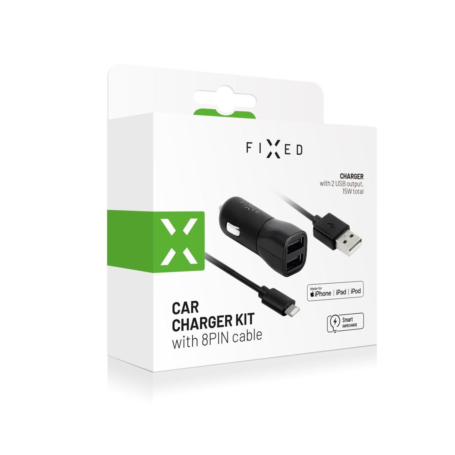 Set autonabíječky FIXED s 2xUSB výstupem, USB/Lightning kabel, 1 metr, MFI certifikace, 15W Smart Rapid Charge, černá