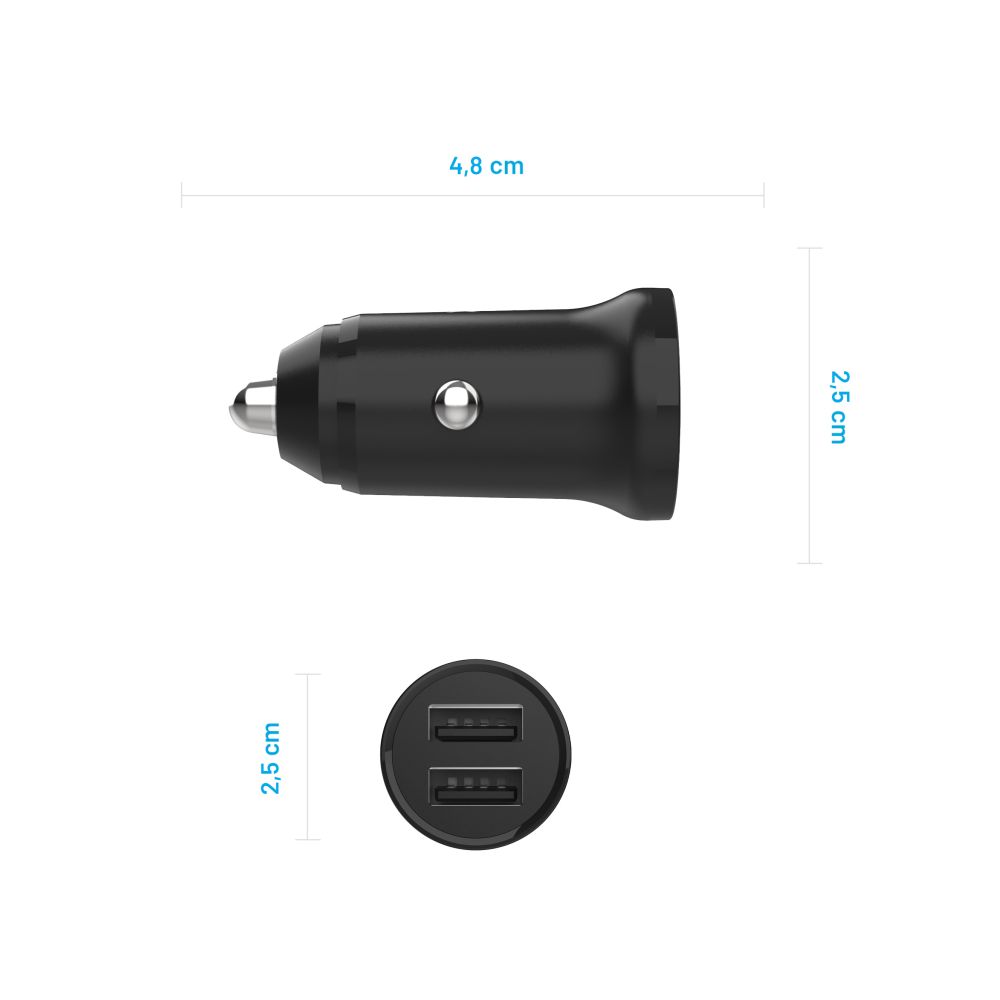 Set autonabíječky FIXED s 2xUSB a USB/Lightning kabelem, 1m, MFi certifikace, 15W Smart Rapid Charge, černá