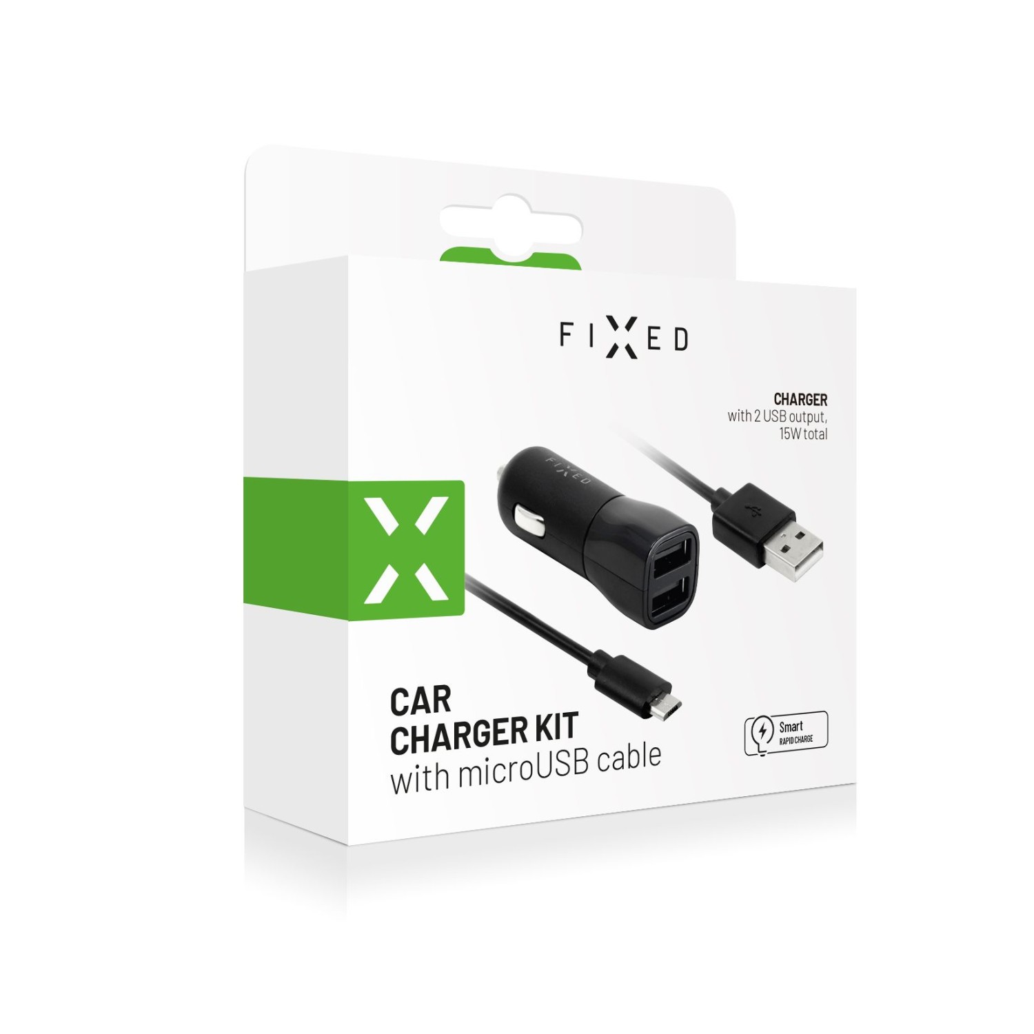 Set autonabíječka FIXED s 2xUSB výstupem a USB/micro USB kabel, 1m, 15W Smart Rapid Charge, černá