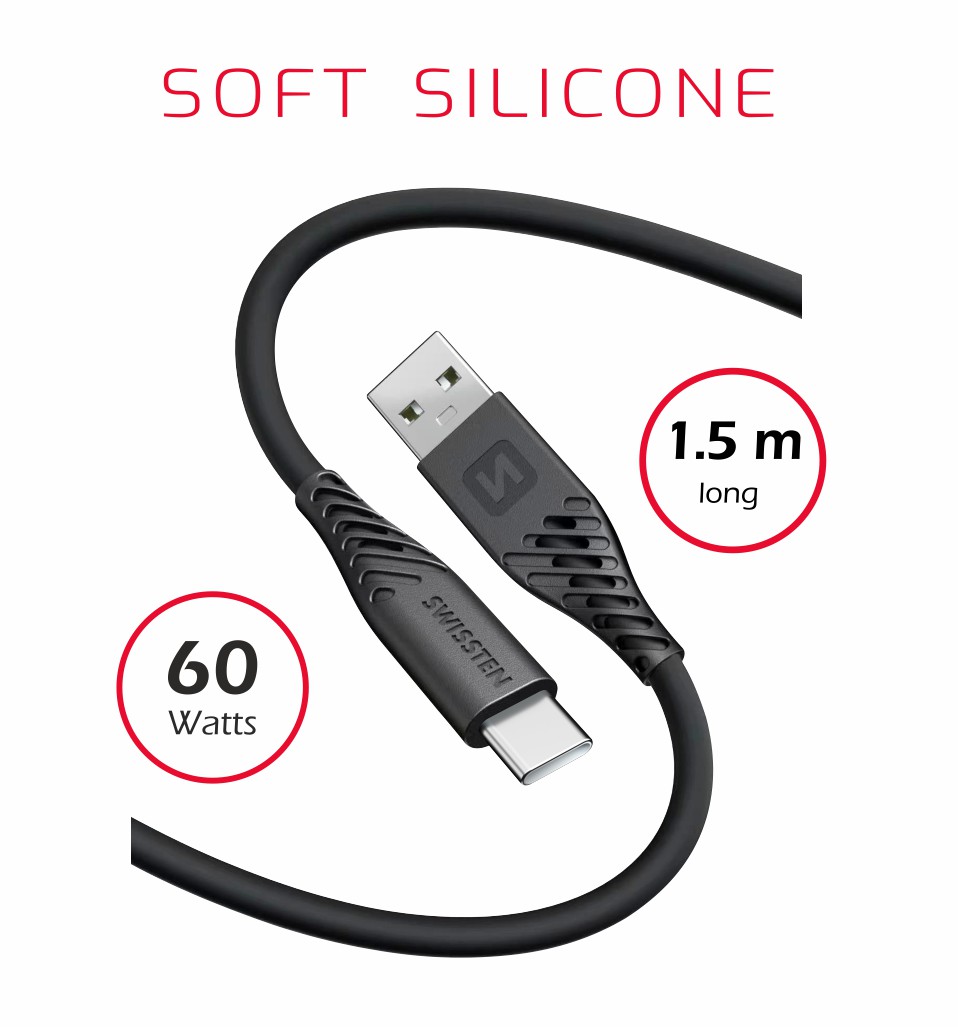 Swissten Soft Silicone USB/USB-C 1,5m, 60w černá