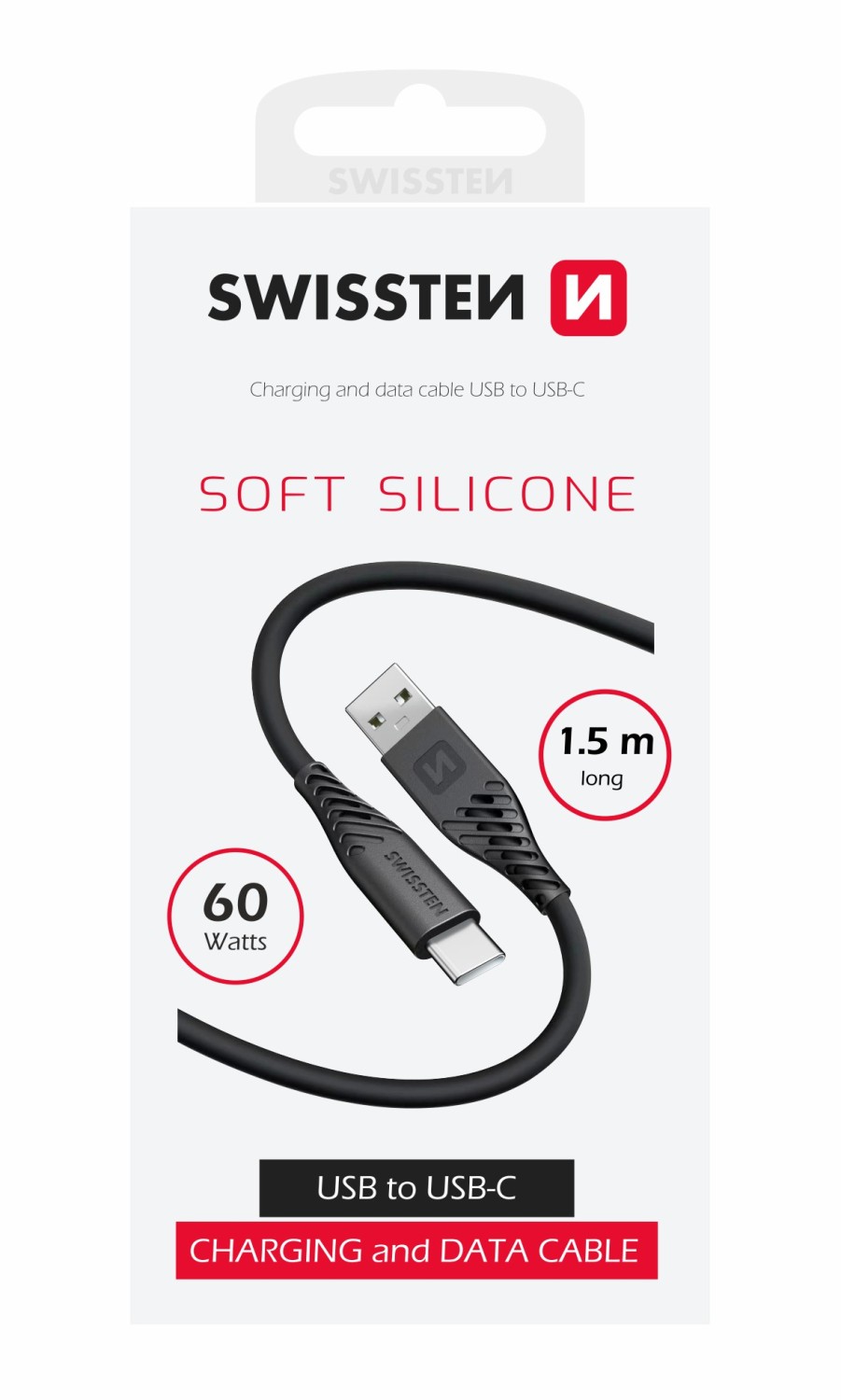 Swissten Soft Silicone USB/USB-C 1,5m, 60w černá