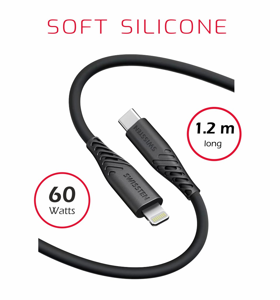 Swissten Soft Silicone USB-C/Lightning, 1,2m, 30w černá