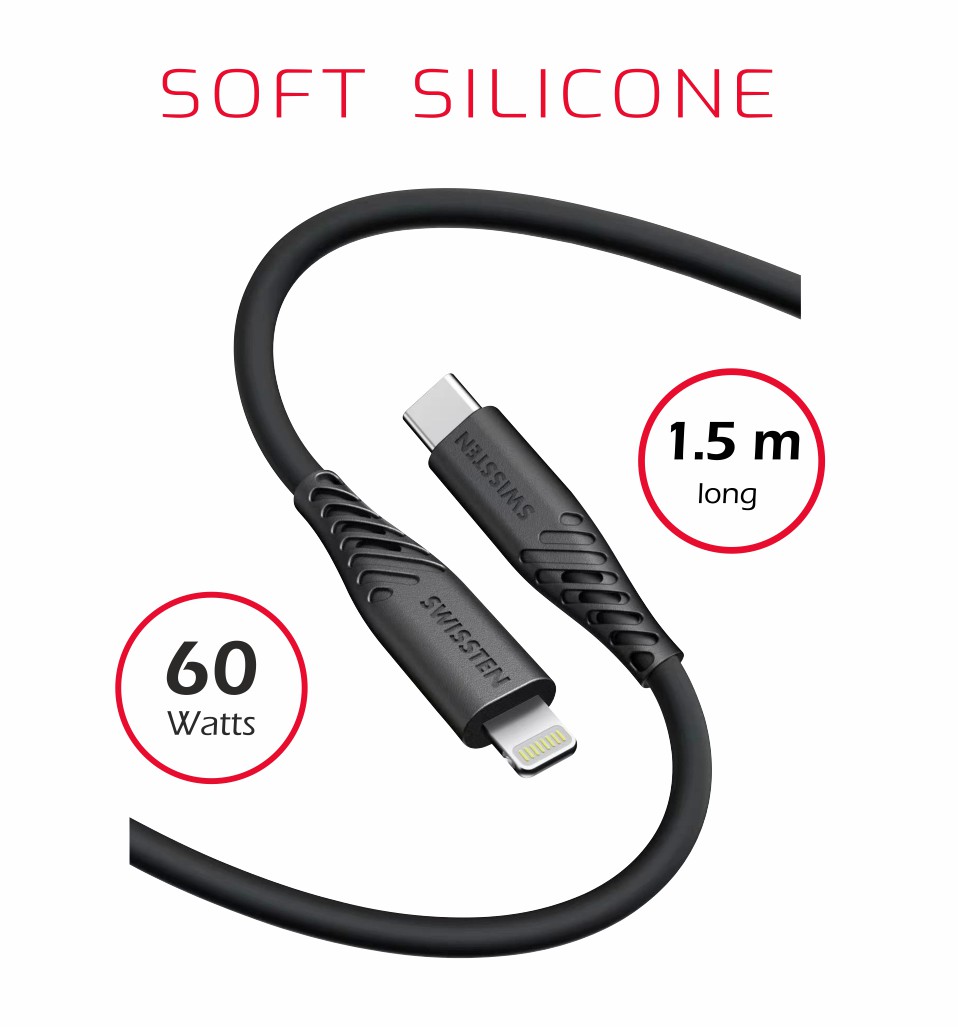 Swissten Soft Silicone USB-C/Lightning 1,5m, 30W černá